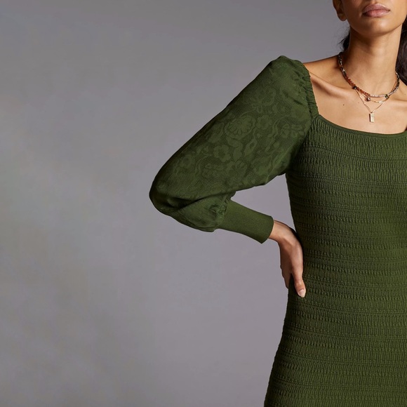 NWT Anthropologie Green Smocked Puff Sleeved Mini Dress - Picture 3 of 6